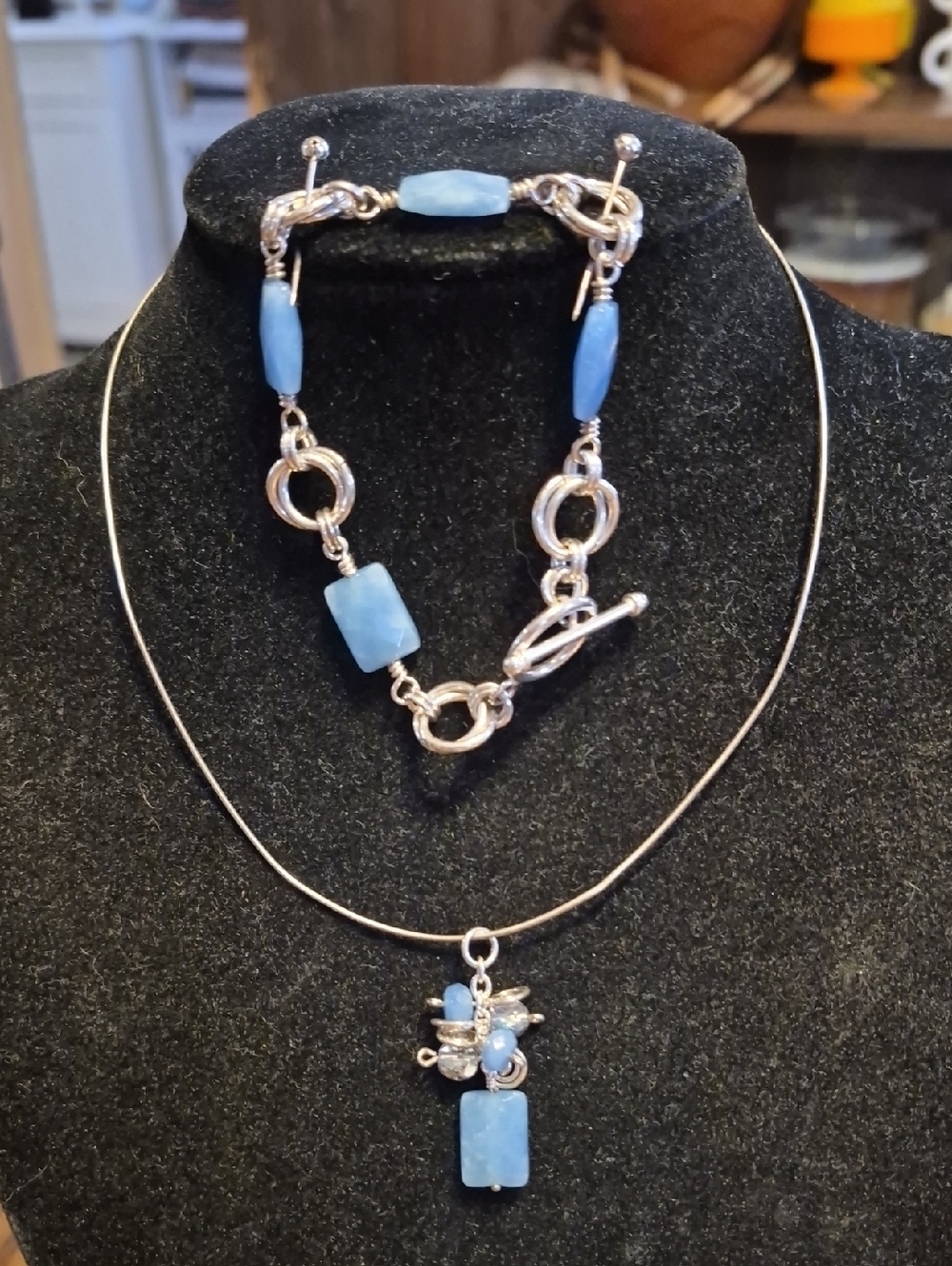 Necklace and Bracelet Sterling Set with Blue Chalcedony Faceted Stone